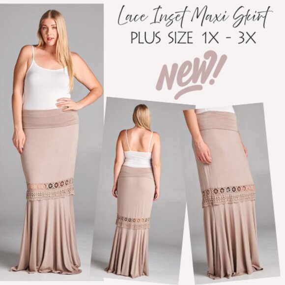 NEW Curvy Plus 1X-3X Stretchy Mermaid Lace Inset Maxi Skirt in Taupe - Picture 1 of 8